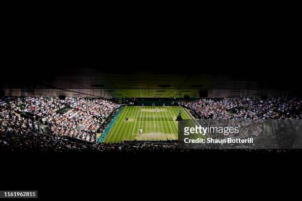 General view of Centre Court in the Men's Singles final between Roger Federer of Switzerland and Novak Djokovic of Serbia during Day thirteen of The...