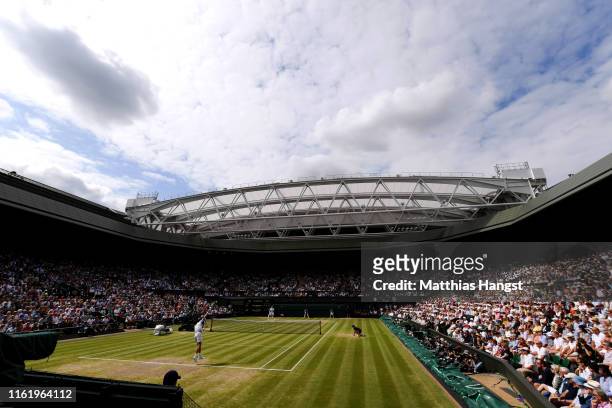 General view inside Centre Court in the Men's Singles final between Roger Federer of Switzerland and Novak Djokovic of Serbia during Day thirteen of...