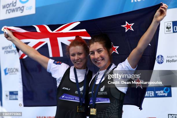 Gold medal winners, Zoe McBride and Jackie Kiddle of new Zealand celebrate after they compete and win the Final A, Lightweight Women's Double Sculls...