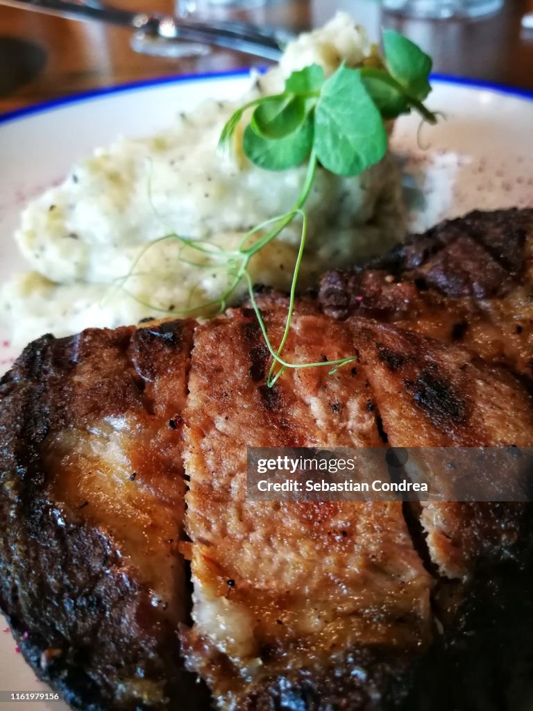 Beautiful filet mignon with cauliflower, food restaurant.