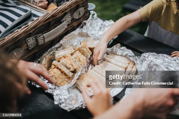 sandwiches at a picnic - lebensmittel rechteck stock-fotos und bilder