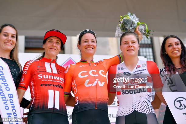 Podium / Lucinda Brand of The Netherlands and Team Sunweb / Marianne Vos of The Netherlands and Team CCC - Liv / Lotte Kopecky of Belgium and Team...