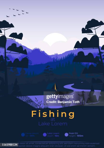 flache minimale angeln plakat mit pinienwald, und berge - stehendes gewässer stock-grafiken, -clipart, -cartoons und -symbole