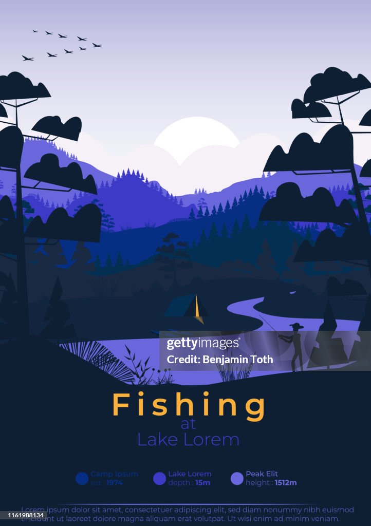 Flat minimal fishing poster with pine forest, and mountains