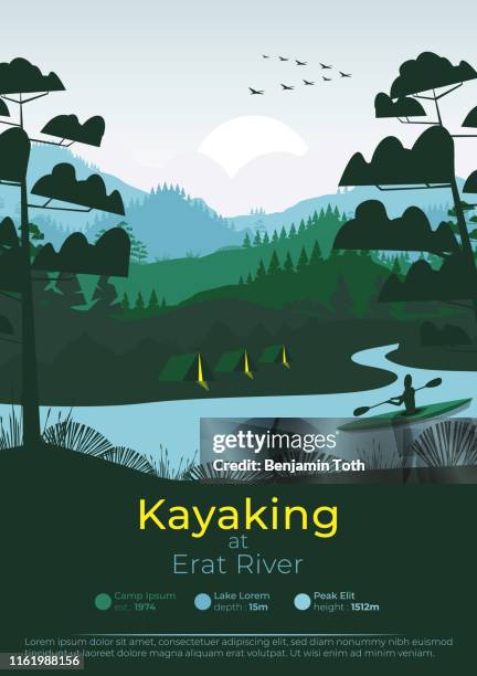 illustrazioni stock, clip art, cartoni animati e icone di tendenza di poster di kayak minimale piatto con pineta e montagne; - canoa