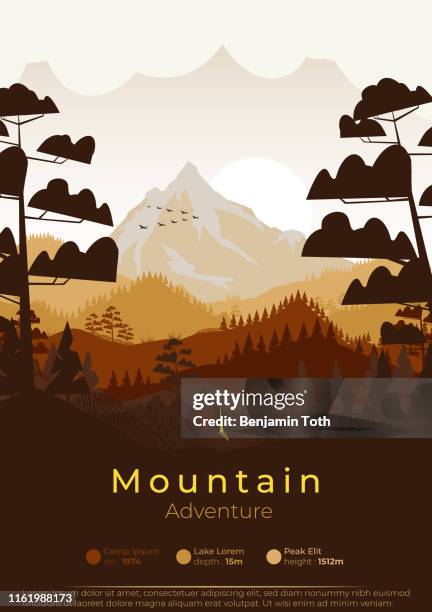 poster with pine forest and summer camp - tourism logo stock illustrations