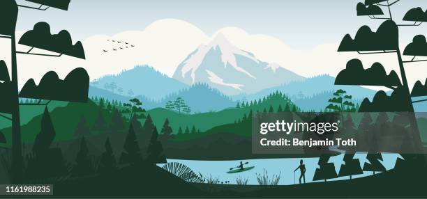 ilustraciones, imágenes clip art, dibujos animados e iconos de stock de lago mínimo plano con bosque de pinos y montañas - campamento de verano