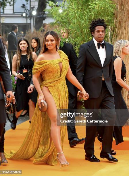 Beyonce Knowles-Carter and Jay-Z attend the European Premiere of Disney's "The Lion King" at Odeon Luxe Leicester Square on July 14, 2019 in London,...