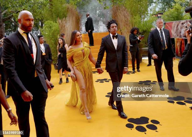 Beyonce Knowles-Carter and Jay-Z attend the European Premiere of Disney's "The Lion King" at Odeon Luxe Leicester Square on July 14, 2019 in London,...