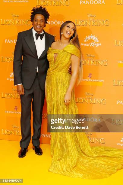 Jay Z and Beyonce Knowles attends the European Premiere of "The Lion King" at Odeon Luxe Leicester Square on July 14, 2019 in London, England.