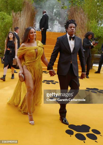 Beyonce Knowles-Carter and Jay-Z attend the European Premiere of Disney's "The Lion King" at Odeon Luxe Leicester Square on July 14, 2019 in London,...
