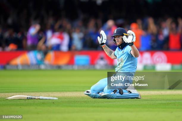 Ben Stokes of England reacts after diving to make his ground during the Final of the ICC Cricket World Cup 2019 between New Zealand and England at...
