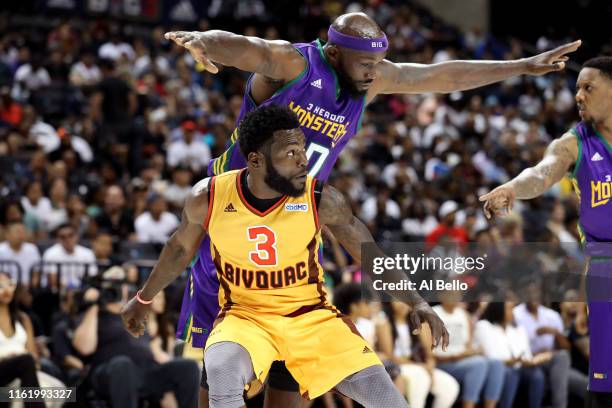 Will Bynum of Bivouac defends Reggie Evans of 3 Headed Monsters during week four of the BIG3 three-on-three basketball league at Barclays Center on...