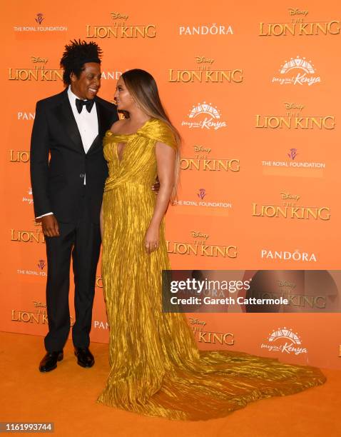 Beyonce Knowles-Carter and Jay-Z attend the European Premiere of Disney's "The Lion King" at Odeon Luxe Leicester Square on July 14, 2019 in London,...