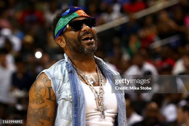 Rapper Jim Jones performs during week four of the BIG3 three-on-three basketball league at Barclays Center on July 14, 2019 in the Brooklyn borough...