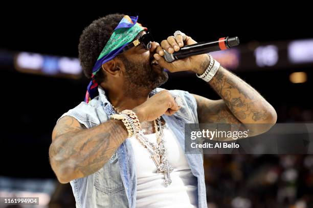 Rapper Jim Jones performs during week four of the BIG3 three-on-three basketball league at Barclays Center on July 14, 2019 in the Brooklyn borough...