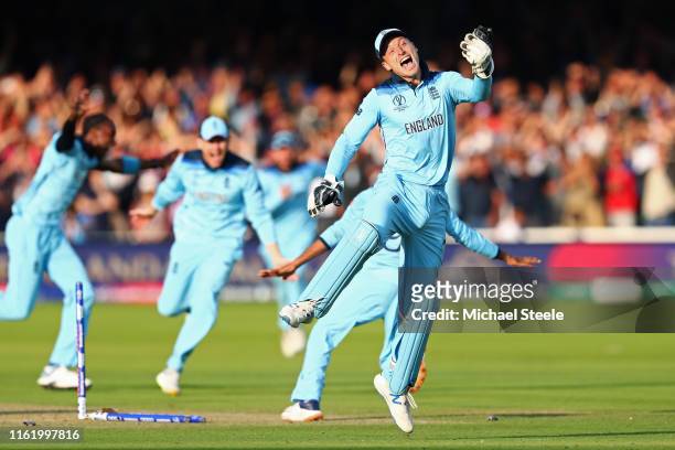 England celebrates victory during the Final of the ICC Cricket World Cup 2019 between New Zealand and England at Lord's Cricket Ground on July 14,...