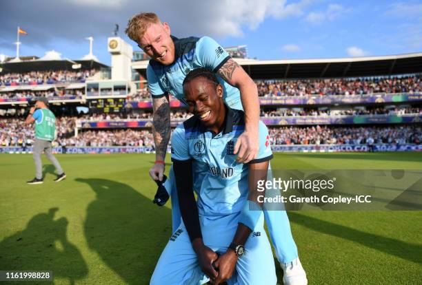 Ben Stokes of England and Jofra Archer of England celebrate after winning the Cricket World Cup during the Final of the ICC Cricket World Cup 2019...