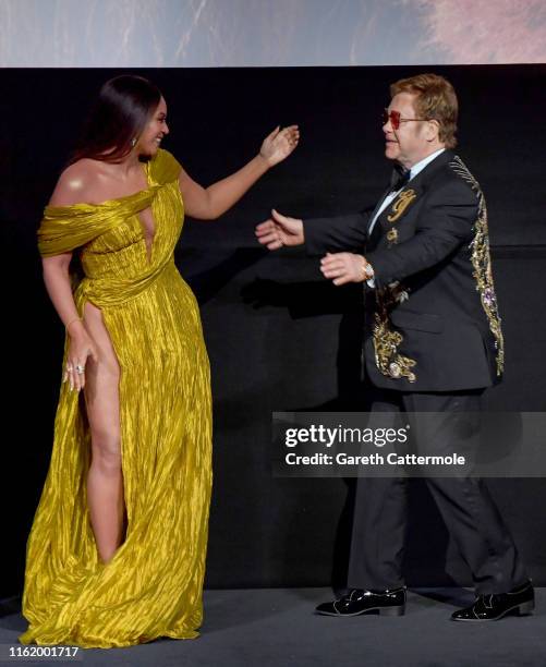 Beyonce Knowles-Carter and Sir Elton John attend the European Premiere of Disney's "The Lion King" at Odeon Luxe Leicester Square on July 14, 2019 in...