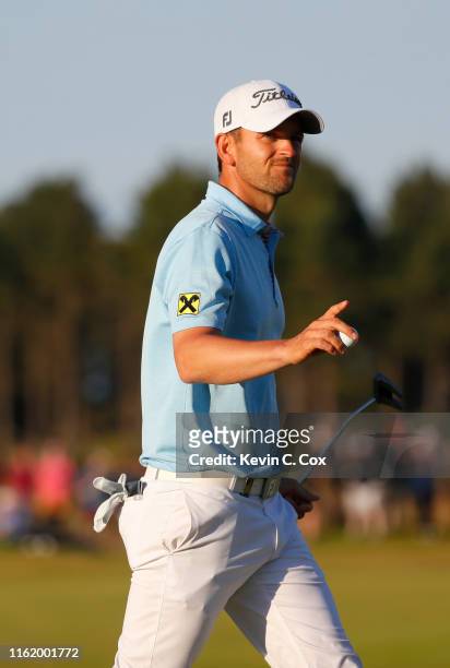 Bernd Wiesberger of Austria reacts following a par on the 18th hole during the final round of the Aberdeen Standard Investments Scottish Open at The...