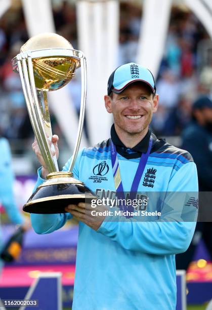 England Captain Eoin Morgan lifts the World Cup after victory for England during the Final of the ICC Cricket World Cup 2019 between New Zealand and...