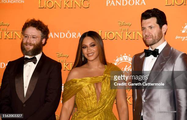 Seth Rogen, Beyonce Knowles-Carter and Billy Eichner attend the European Premiere of Disney's "The Lion King" at Odeon Luxe Leicester Square on July...