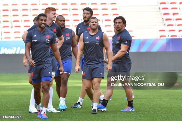 French rugby team XV de France's players attend the Captain's run training session on the eve of the rugby world cup warm-up match France-Scotland in...