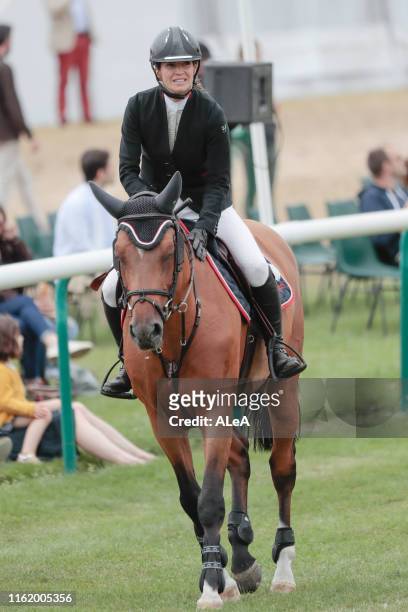 French rider and writer Felicite Herzog, daughter of late alpinist Maurice Herzog, competes in the RENAULT RENT jumping competition against the clock...