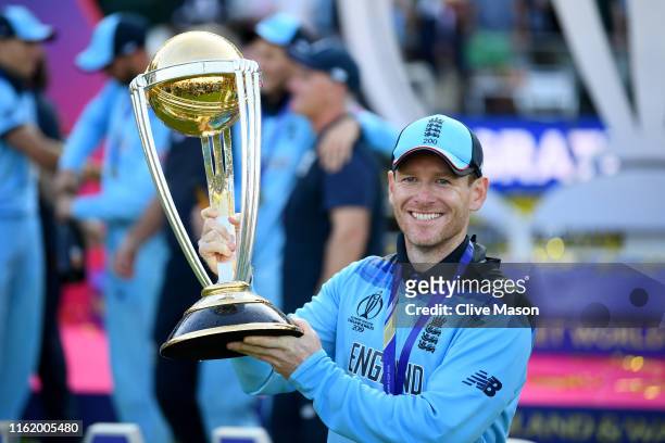 England Captain Eoin Morgan lifts the World Cup after victory for England during the Final of the ICC Cricket World Cup 2019 between New Zealand and...