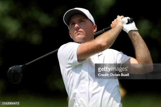Russell Henley plays his shot from the 18th tee during the final round of the John Deere Classic at TPC Deere Run on July 14, 2019 in Silvis,...