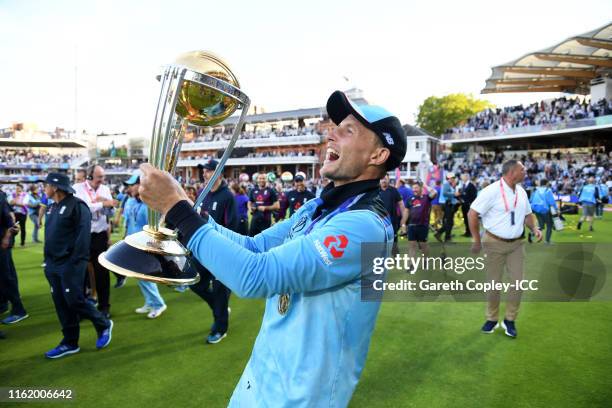 Joe Root of England celebrate after winning the Cricket World Cup during the Final of the ICC Cricket World Cup 2019 between New Zealand and England...