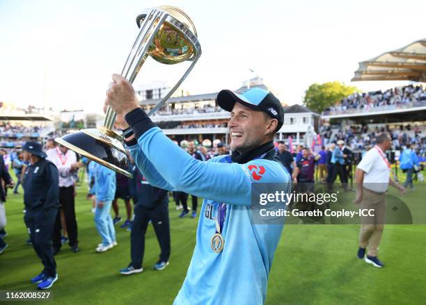 Joe Root of England celebrate after winning the Cricket World Cup during the Final of the ICC Cricket World Cup 2019 between New Zealand and England...