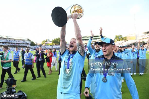 Ben Stokes of England celebrate after winning the Cricket World Cup during the Final of the ICC Cricket World Cup 2019 between New Zealand and...
