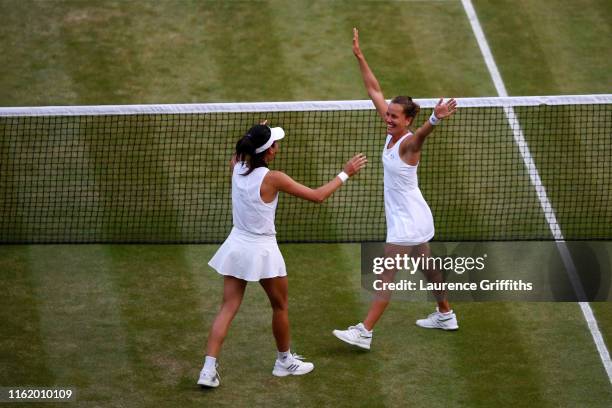 Barbora Strycova of The Czech Republic and playing partner Su-Wei Hsieh of Taiwan celebrate match point in their Ladies' Doubles final against...