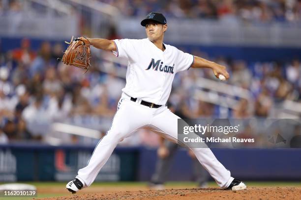 Wei-Yin Chen of the Miami Marlins delivers a pitch in the eighth inning against the New York Mets at Marlins Park on July 14, 2019 in Miami, Florida.