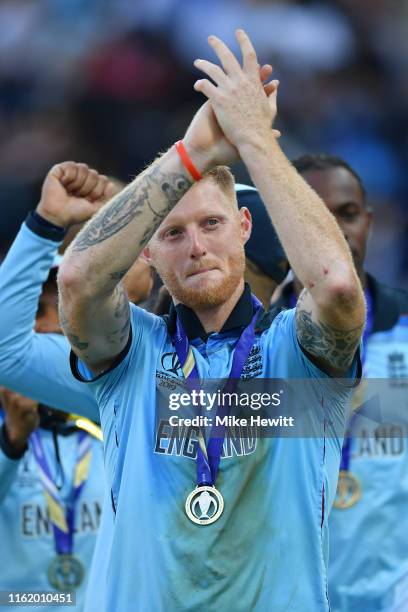 Man of the Match Ben Stokes of England salutes the crowd at the end of the Final of the ICC Cricket World Cup 2019 between England and New Zealand at...