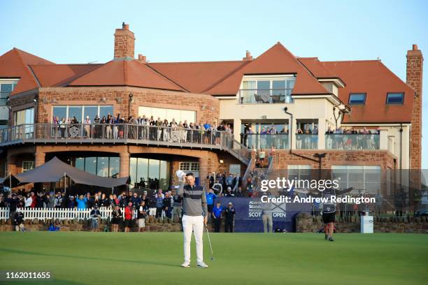 Bernd Wiesberger of Austria celebrates victory during the final round of the Aberdeen Standard Investments Scottish Open at The Renaissance Club on...