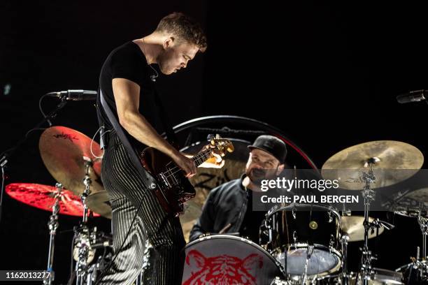 Bass player and singer Mike Kerr and drummer Ben Thatcher, of the British music duo Royal Blood, perform on stage during the first day of the 27th...