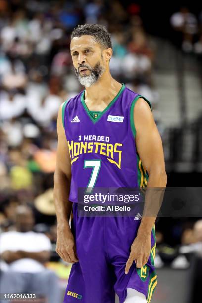 Mahmoud Abdul-Rauf of 3 Headed Monsters looks on in the game against Bivouac during week four of the BIG3 three-on-three basketball league at...