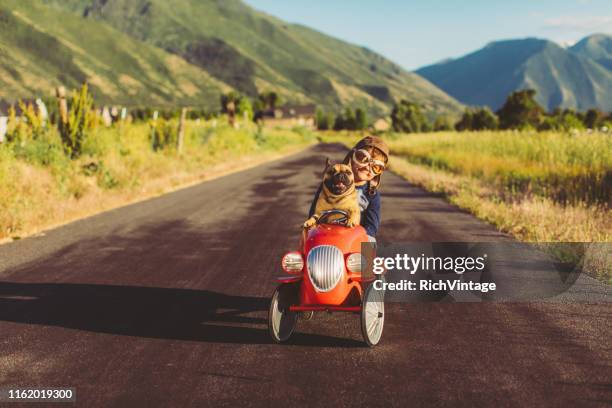 niño y perro en toy racing car - animal win fotografías e imágenes de stock