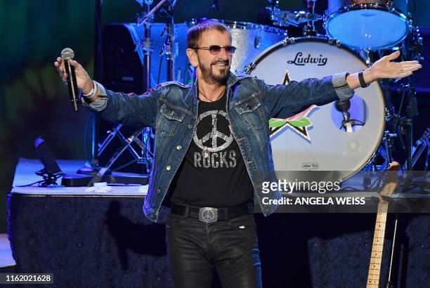 English musician Ringo Starr performs onstage at the 50th anniversary celebration of Woodstock at Bethel Woods Center for the Arts on August 15, 2019...