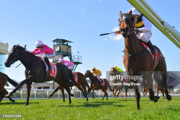 Benitoite ridden by Damien Oliver wins the Black Caviar Tribute Handicap at Caulfield Racecourse on August 17, 2019 in Caulfield, Australia.