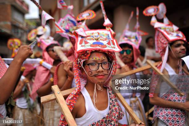 Cow attire for the celebration during Gai Jatra or Cow Festival celebrated in Kirtipur, Kathmandu, Nepal on Friday, August 16, 2019. On the occasion...