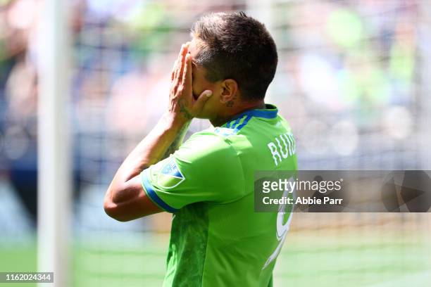Raul Ruidiaz of Seattle Sounders reacts over a missed goal opportunity in the first half against the Atlanta United during their game at CenturyLink...