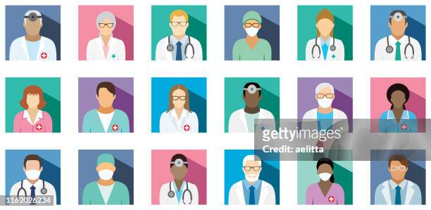 ilustrações, clipart, desenhos animados e ícones de equipe de funcionários médica-jogo de ícones quadrados lisos. - massagista