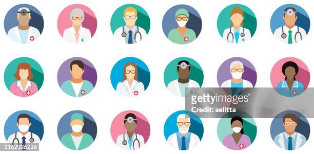 stockillustraties, clipart, cartoons en iconen met medisch personeel-set van platte ronde iconen. - uniform