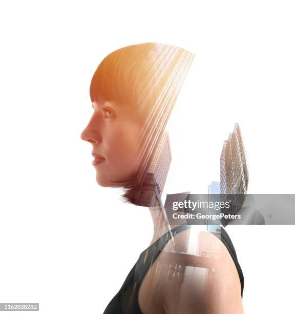 multiple exposure of a businesswoman and cityscape - double exposure business stock pictures, royalty-free photos & images