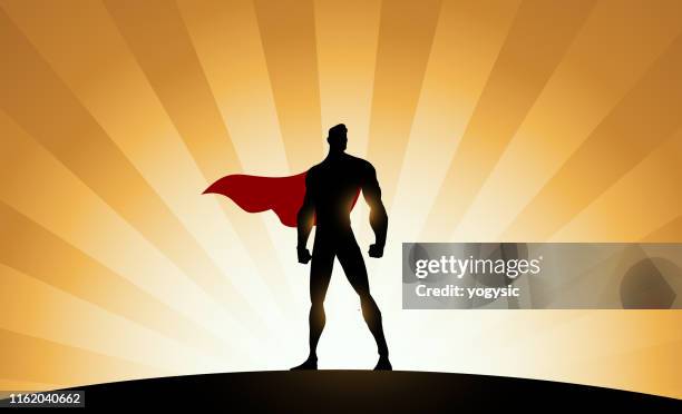 ilustraciones, imágenes clip art, dibujos animados e iconos de stock de silueta de superhéroe vectorial con fondo de efecto sunburst - cape garment