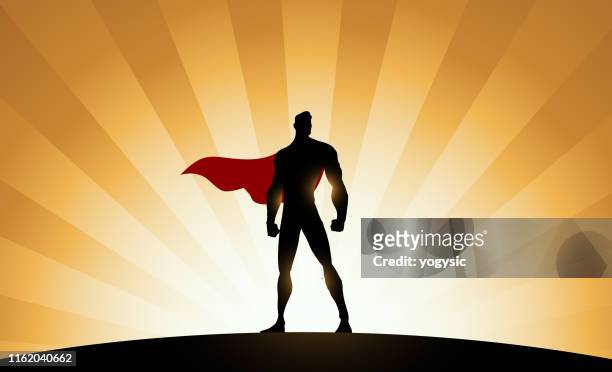 illustrations, cliparts, dessins animés et icônes de silhouette de super-héros de vecteur avec le fond d'effet de sunburst - costume de déguisement