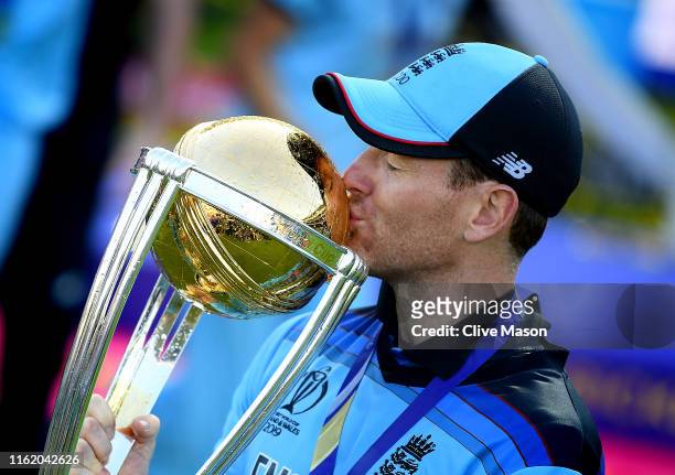 Eoin Morgan of England kisses the trophy after the Final of the ICC Cricket World Cup 2019 between New Zealand and England at Lord's Cricket Ground...